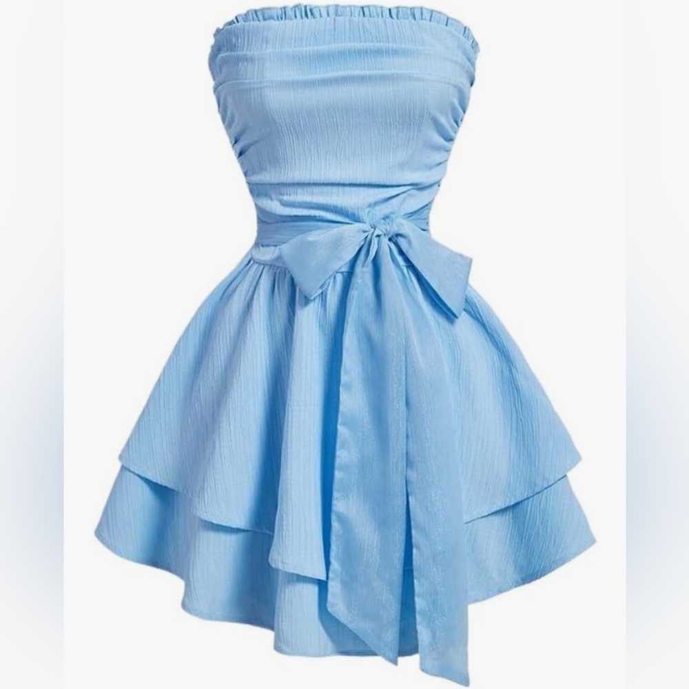 Pastel Blue Mini Strapless Tube Dress With Bow Tie